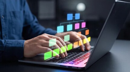 Hands typing on laptop with vibrant digital hierarchical structure overlay, symbolizing data organization, system management, and business process ... - Powered by Adobe