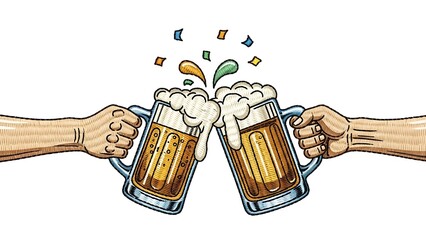 Embroidered patch illustration of hands holding large beer mugs clinking with falling confetti