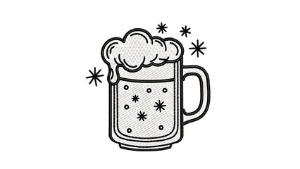 Black and white embroidered line art patch of a beer mug with frothy foam and decorative stars