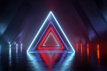 Futuristic neon triangle installation with blue and red glow reflected on water surface