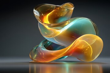 Colorful neon glass spiral sculpture in abstract 3d form with glossy curves and glow effects