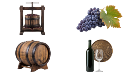 Wine Making Product Elements: Grape Press, Wooden Barrel, Red Grapes, Bottle, and Glass isolated PNG with Transparent Background