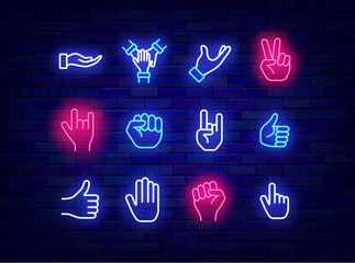 Human hands pose neon icons collection. Knuckle and rock. Like, cool and vote. Arm cursor. Fight concept. Command work. Shiny flyer. Editable stroke. Vector stock illustration