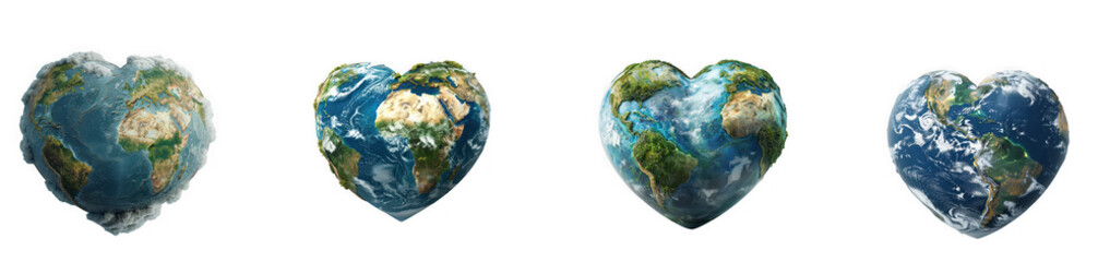 Four heart shaped earth globes displaying continents oceans and clouds ideal for creative projects on transparent background