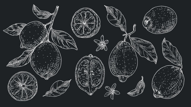 Set sketches with lemons, branch with lemon, leaves and flowers. Citrus plant sketch on chalkboard. NOT AI generated