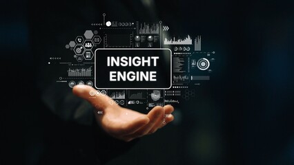 Obraz premium Hand Displaying Digital Insight Engine Interface with Data Graphics and Analysis Tools in Modern Business Context. Asymptotic smart data analytic.