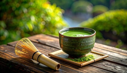 Traditional Japanese Matcha tea ceremony set with whisk and bowl in serene garden setting