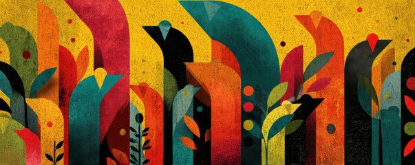 Vibrant abstract landscape of colorful shapes and leaves illustrating unity and growth in color