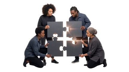 Diverse Team of Four People Connecting Large Jigsaw Puzzle Pieces with Glowing Light isolated PNG with Transparent Background