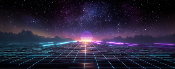 Retro-futuristic neon grid landscape with starry sky and glowing sun sphere on distant horizon