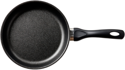 Frying pan with black non-stick coating cooking surface and ergonomic handle, top view, transparent background