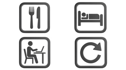 Modern Daily Routine Icons Set with Eat, Sleep, Work, Repeat Symbols Vector isolated PNG with Transparent Background
