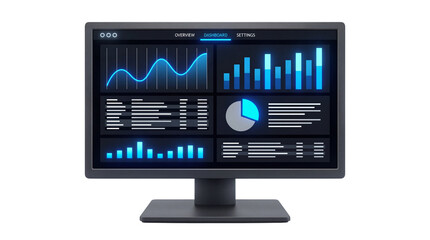 Isolated Computer Monitor Displaying Blue Business Data Analytics Dashboard isolated PNG with Transparent Background