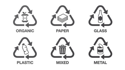 Recycling Icons Set. Waste sorting symbols for Organic, Paper, Glass, Plastic, Mixed, Metal. Black vector illustration. isolated PNG with Transparent Background