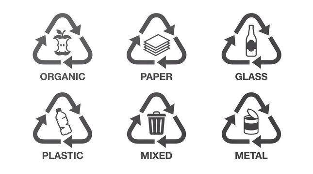 Recycling Icons Set. Waste sorting symbols for Organic, Paper, Glass, Plastic, Mixed, Metal. Black vector illustration. isolated PNG with Transparent Background