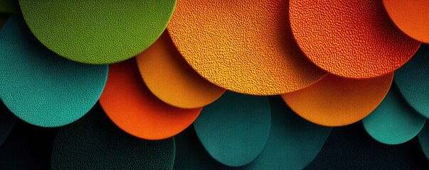 Abstract colorful circular shapes in orange, teal, and green with textured surfaces, modern background