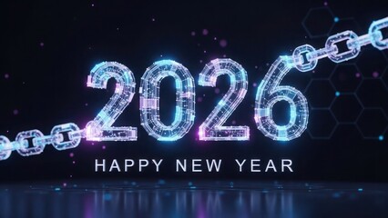 2026 digital chain happy new year text futuristic