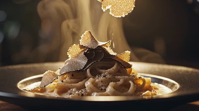 Exquisite culinary masterpiece - A close-up of gourmet pasta dish with truffle shavings.
