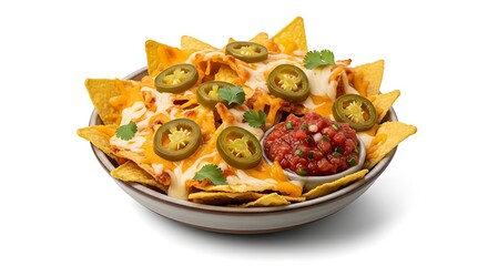 Delicious nachos with melted cheese and jalapenos in a bowl