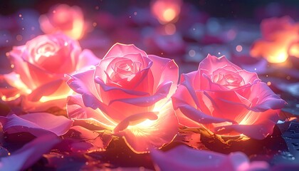 Luminous Pink Roses with Glowing Petals and Bokeh Lights Background