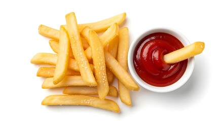 Delicious french fries with ketchup dip on white background