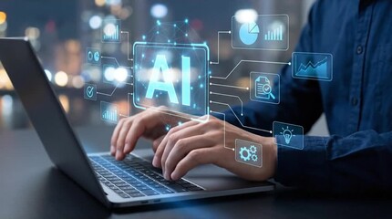Human hands typing on a laptop with glowing AI text and digital data icons, symbolizing artificial intelligence and innovation - Powered by Adobe