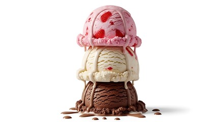 Stacked melting ice cream scoops in chocolate, white, and pink flavors