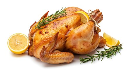 Roasted chicken with rosemary and lemon on white background