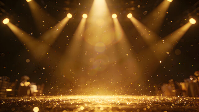 Golden Stage Spotlight with Glitter Particles and Dramatic Lighting