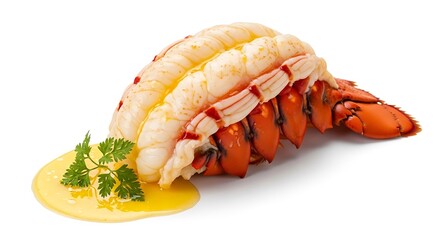 Lobster tail with melted butter and parsley on white background