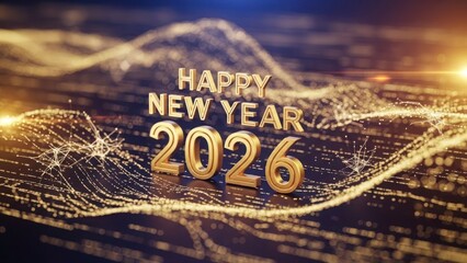 Golden 2026 Happy New Year text on digital network background