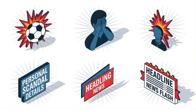 Set of 3D icons representing sports, personal scandal, and breaking news, illustrating concepts of sports events, privacy breaches, and urgent information dissemination