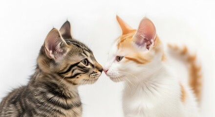 Adorable kittens touching noses in white background