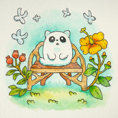 Hand-drawn watercolor, ink illustration. Dreamy kawaii ghost cat sitting on a wooden bench on green grass. Surrounded by a yellow flower, red berries; watching butterflies fly in air. Whimsical art.