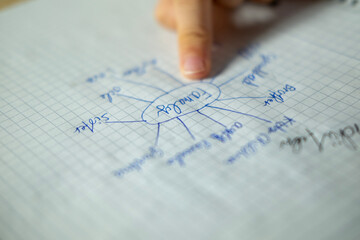 teenage boy draws family mind map relatives, DNA, and genealogy, sketches family tree, trust and generational bonds, child&rsquo;s hands write, sketches ideas on graph paper, productivity learning