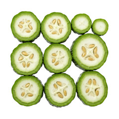 Fresh cut cucumber slices on white background