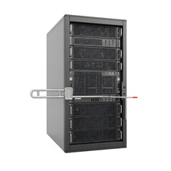 Server cabinet with open door and rack