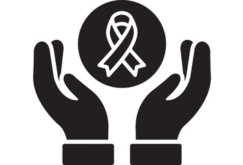Silhouette hands cupping a circular awareness ribbon icon (black and white vector)