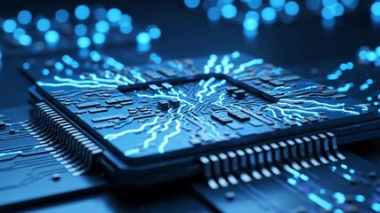 Close-up of a blue computer chip with glowing circuit paths and soft bokeh in the background