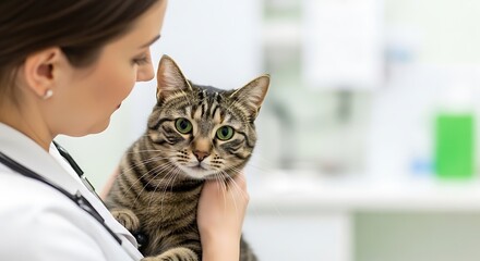 Female veterinarian examining a tabby cat in a clinical setting with care and attention to animal health and veterinary care services for domestic pets and feline checkups.