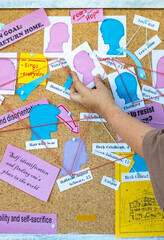 corkboard map characters and arcs, emotional connections in narrative project, Writer&rsquo;s Inspiration board writer with character sketches, story planning, Storytelling visualization, notes