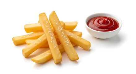 Delicious salted french fries served with a side of tangy ketchup sauce in a small white bowl, perfect for a tasty snack or appetizer for any occasion or meal.