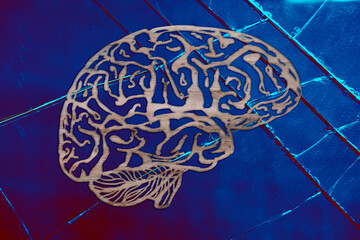 silhouette brain, intelligence quotient on wooden background, symbol education, quantitative science indicator expressing success, concept idea, level mind, intellectual achievements testing