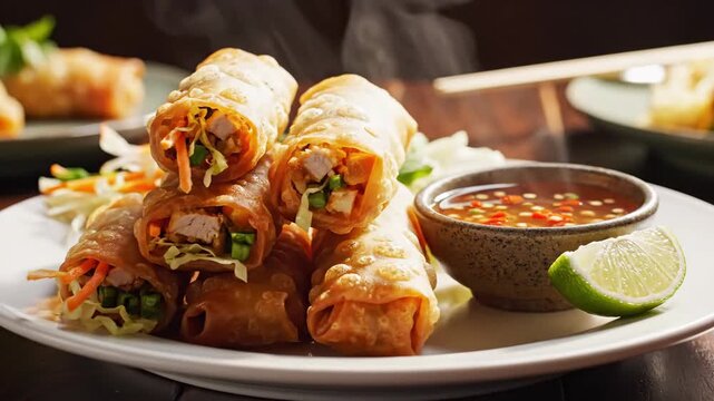 Close-up of crispy fried spring rolls, served with dipping sauce and lime on a white plate