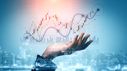 A hand reaches out toward a visual representation of financial growth with city skyline and data analytics overlay, symbolizing business success and investment potential. Scalp