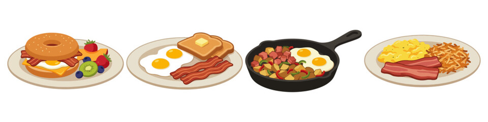 Set of  Bacon and eggs combo Flat Vector Illustration on Transparent Background