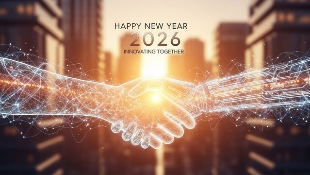 Human and robot handshake with digital network overlay - Powered by Adobe