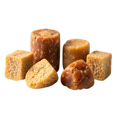 Assorted jaggery cubes on white background
