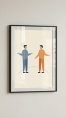 Modern Flat Art Poster Depicting Two Figures Communicating in a Minimalist Style with Black Frame