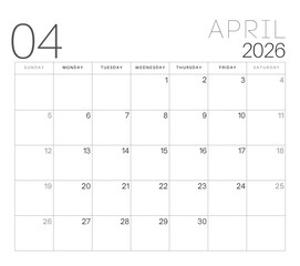 Calendar page minimalist clean white grid with April 2026 date in modern typography for planning